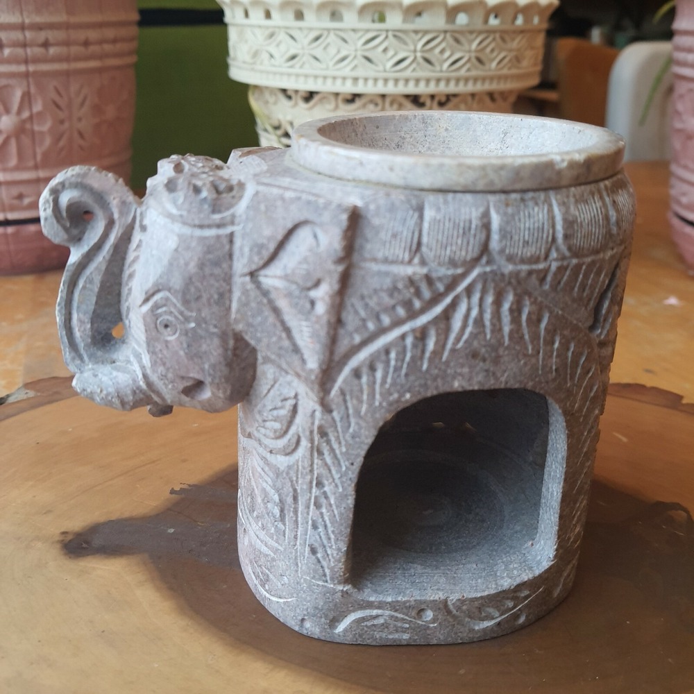 Jodhpuri Collection Gray Soapstone Intricate Carved Elephant Oil Burner Decor